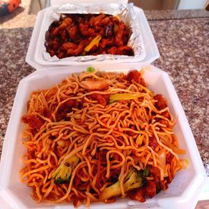 Vegetarian General Tso's "Chicken" + Veg Meat Chow Mein = Yummy! at Little Peking in Fresno
