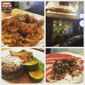 the top left is the (very) spicy medium size fried chicken. paired with beer it is an authentic Korean dish that's veganised. bottom are cheesy steak and 'omelette' at Loving Hut Land - 러빙헛랜드 in Seoul