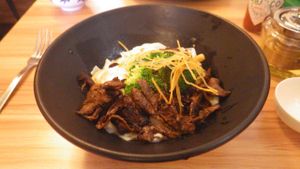 Seitan noodles and veg at VegCafe in Central Singapore