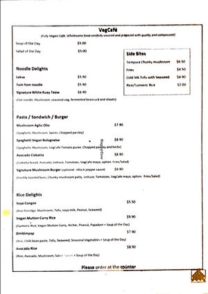menu at VegCafe in Central Singapore