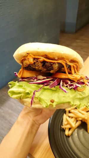 signature mushroom burger at VegCafe in Central Singapore