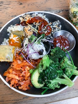 Korean Fried Tofu - brown rice, pickled kimchi cabbage, roast pumpkin, winter greens, ginger, garlic & soy sticky sauce, sunflower cream. at Bespoke Kitchen  in Queenstown