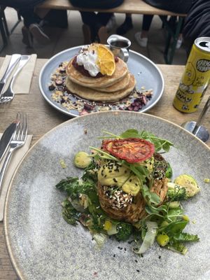 Winter Greens Benedict and Cherry Buckwheat Pancakes   at Bespoke Kitchen  in Queenstown