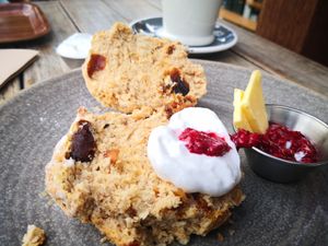 Vegan scone with coco whip and rasperrby jam.  at Bespoke Kitchen  in Queenstown