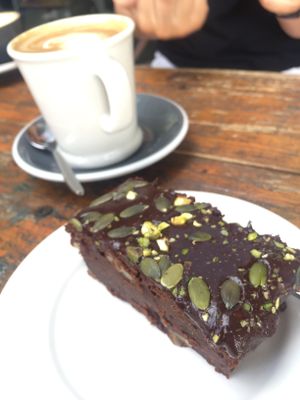 Vegan chocolate brownie and soy latte at Bespoke Kitchen  in Queenstown