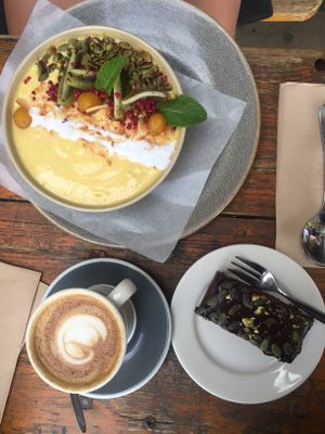 Vegan banana smoothie bowl, vegan chocolate brownie and soy latte at Bespoke Kitchen  in Queenstown