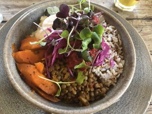 winter wellness (gf, vegan) —
lentil, cauliflower, harrisa roast carrot, 
quinoa rice, almond beetroot pesto, 
pickled cabbage, crispy kale, 
tahini dressing  at Bespoke Kitchen  in Queenstown