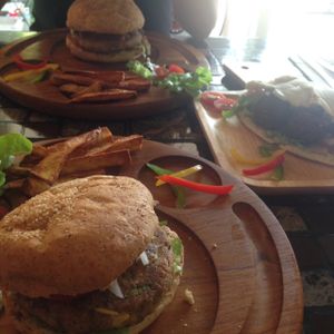 chick pea and mushroom burgers with a falafel wrap at Karma Kitchen in Chiang Mai