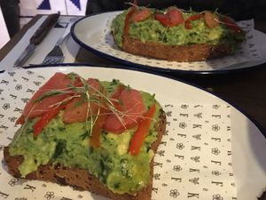Avocado toast with gluten free (front) and normal (back) bread at Teresa's Juicery in Barcelona