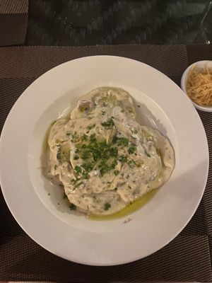 The vegan ravioli from the specials board (grated vegan cheese on the side)  at The Fat Frog in Langkawi