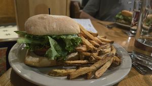 Burger with fries at Longs Peak Pub in Longmont