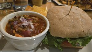 Burger with vegan chili (too liquid for my taste) at Longs Peak Pub in Longmont