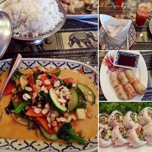 Some of the vegan options - budd-ha, Thai tea w/coconut milk, meh kow roll, veggie roll sushi.  at Thai Basil II in Largo