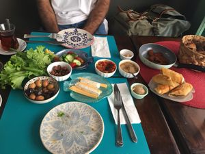 big breakfast with VEGAN SUCUK! at Muhtelif Mekan in Istanbul