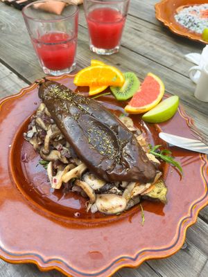 Eggplant out of the oven & mushroom mix  at Agua no Bico in Lisbon