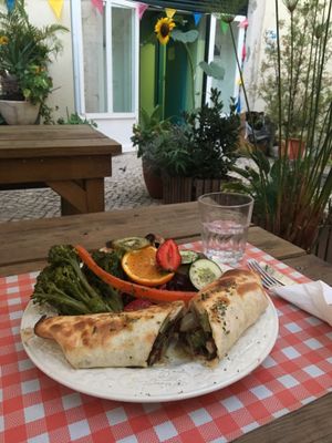 14€ for a veggie wrap and cold cooked veggies/fruits on the side.  at Agua no Bico in Lisbon