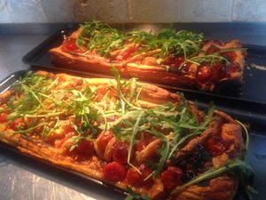 vegan cherry tomato home made sweet chilli and roquette tart at Chiccas in Praia Da Luz