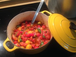 vegan ' cassoulet ' with 4 different organic tomatoes basil and tofu sausage and soja burger , sweet potatoes and beans  at Chiccas in Praia Da Luz