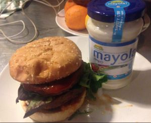 mushroom burger with vegan Mayo  at Chiccas in Praia Da Luz