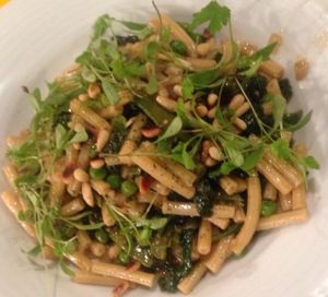 Pasta with artichoke courgette pinenuts and micro herbs  at Chiccas in Praia Da Luz
