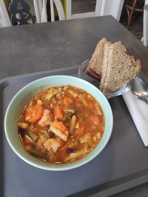 Vegetable vegan stew with extra bread at Gajbica in Zagreb