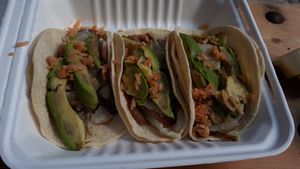 Tacos with potato, beans, rice and avocado. Special order at Los Amigos Burritos Taqueria  in Florence
