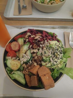Red Bowl salad with tofu instead of white cheese at Holy Flat in Berlin