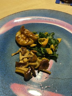 Gluten free dumpling filled with cauliflower puree, mushrooms, kale and gojiberries.  at Ali Pacha in La Paz