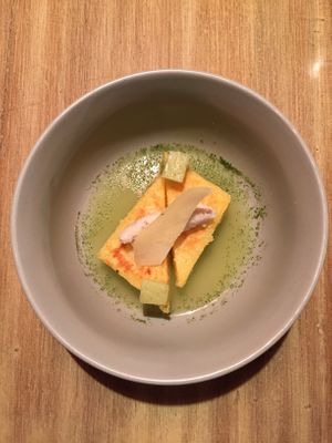 2nd course, yuca, fermented cucumber broth and almond ricotta  at Ali Pacha in La Paz