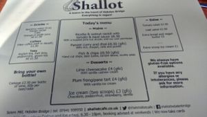 menu at Shallot in Hebden Bridge