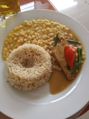 Main plate beans brown rice soy meat at Buena Salud in Trujillo