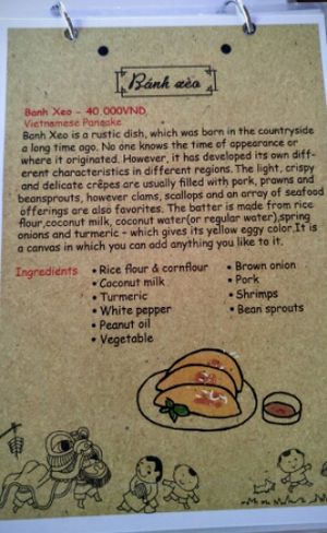 Banh Xeo menu at A Vietnam Corner in Dong Hoi