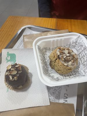 Cake pop and cinnamon roll  at The Plant Based Factory in Miraflores