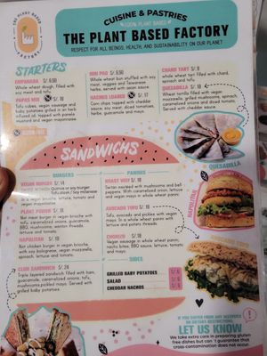 Menu at The Plant Based Factory in Miraflores