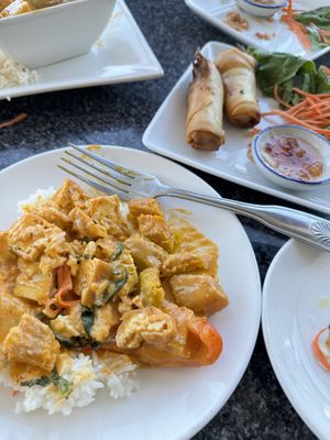 Pumpkin curry extremely yummy & deep fried rolls   at Yellow Curry in Seaside