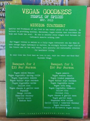 Vegan Menu page 1 at Temple of Spices in Mermaid Beach