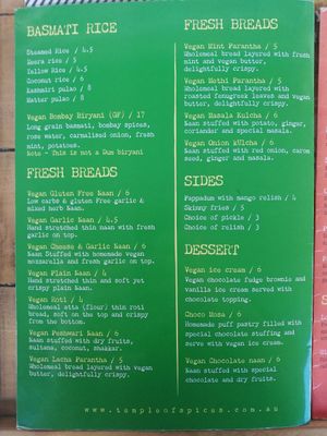 Vegan Menu page 4 at Temple of Spices in Mermaid Beach