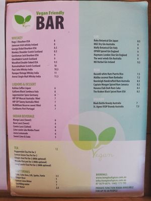 Vegan Drink Menu page 1 at Temple of Spices in Mermaid Beach