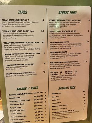 Vegan Menu  at Temple of Spices in Mermaid Beach