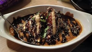 Samosa chaat minus sultanas and dates! at Temple of Spices in Mermaid Beach