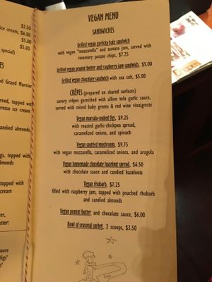 Part of the Vegan menu at Suzette Creperie and Bar in Portland