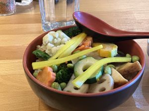 Cha-Ya Delight
Seasoned brown rice bowl
Carrots, kabocha pumpkin, broccoli, lotus root, cauliflower, shiitake, zucchini atsuage tofu, hijiki, yamagobo, oshinko and ginger  at Cha-Ya in San Francisco