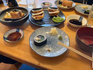 Clockwise from top left: agedashi tofu, gyoza, inari, vegan roll, miso soup, vegan roll at Cha-Ya in San Francisco