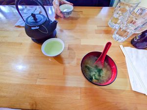Miso soup and tea at Cha-Ya at Cha-Ya in San Francisco