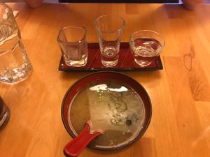 Umm?Sake flight and miso soup at Cha-Ya in San Francisco