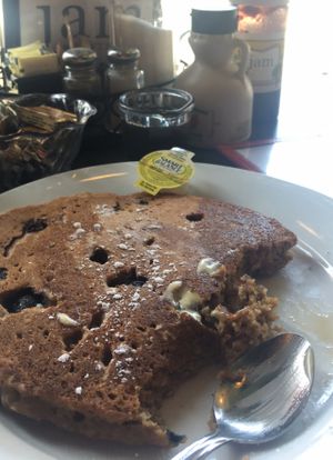 Oatmeal chai blueberry pancake with pure maple and housemade chai syrups at Jam on Hawthorne in Portland