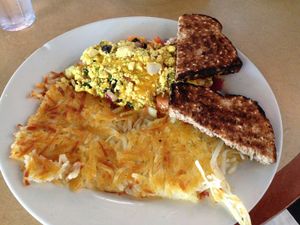 Vegan El Paso Scramble sub tofu & Daiya vegan cheddar, vegan seeded wheat toast at Jam on Hawthorne in Portland