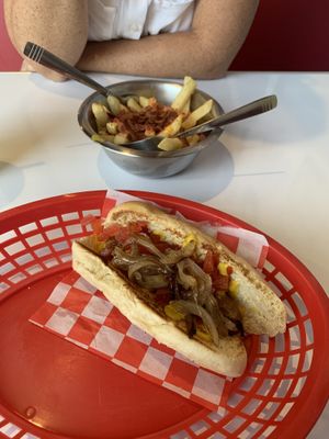 The “cheese” Hot Dog and the loaded fries 🍟 in a dog bowl  at Comet 984 in Playa Del Carmen