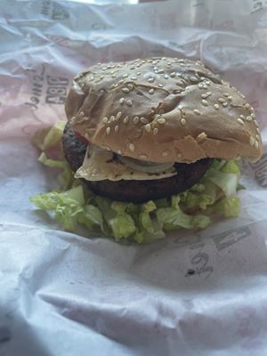 Spicy burger. I didn’t find it spicy at all but I have a high tolerance    at Comet 984 in Playa Del Carmen