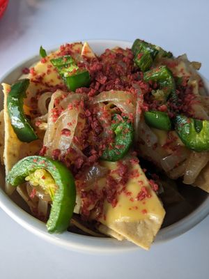 Nachos - I'd get them without the bacon bits and jalapenos next time at Comet 984 in Playa Del Carmen